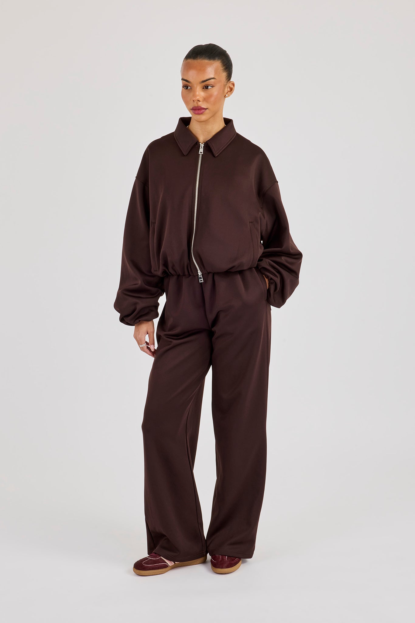 Poly Collared Bomber Jacket & Wide Leg Trouser - Chocolate